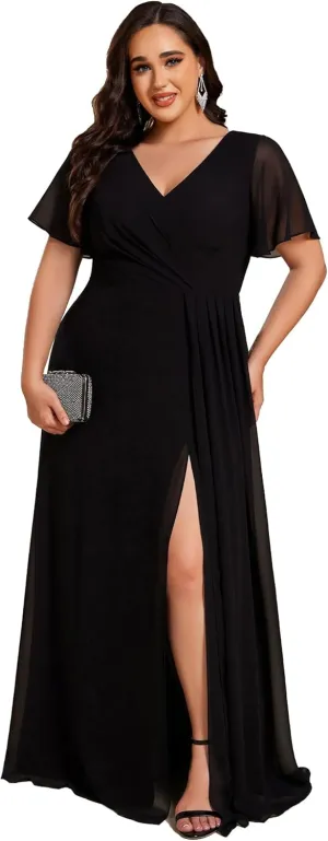 Ever-Pretty Plus Women's V Neck Chiffon Ruched Ruffles Sleeves Side Slit Floor Length Plus Size Bridesmaid Dresses S0050-DA