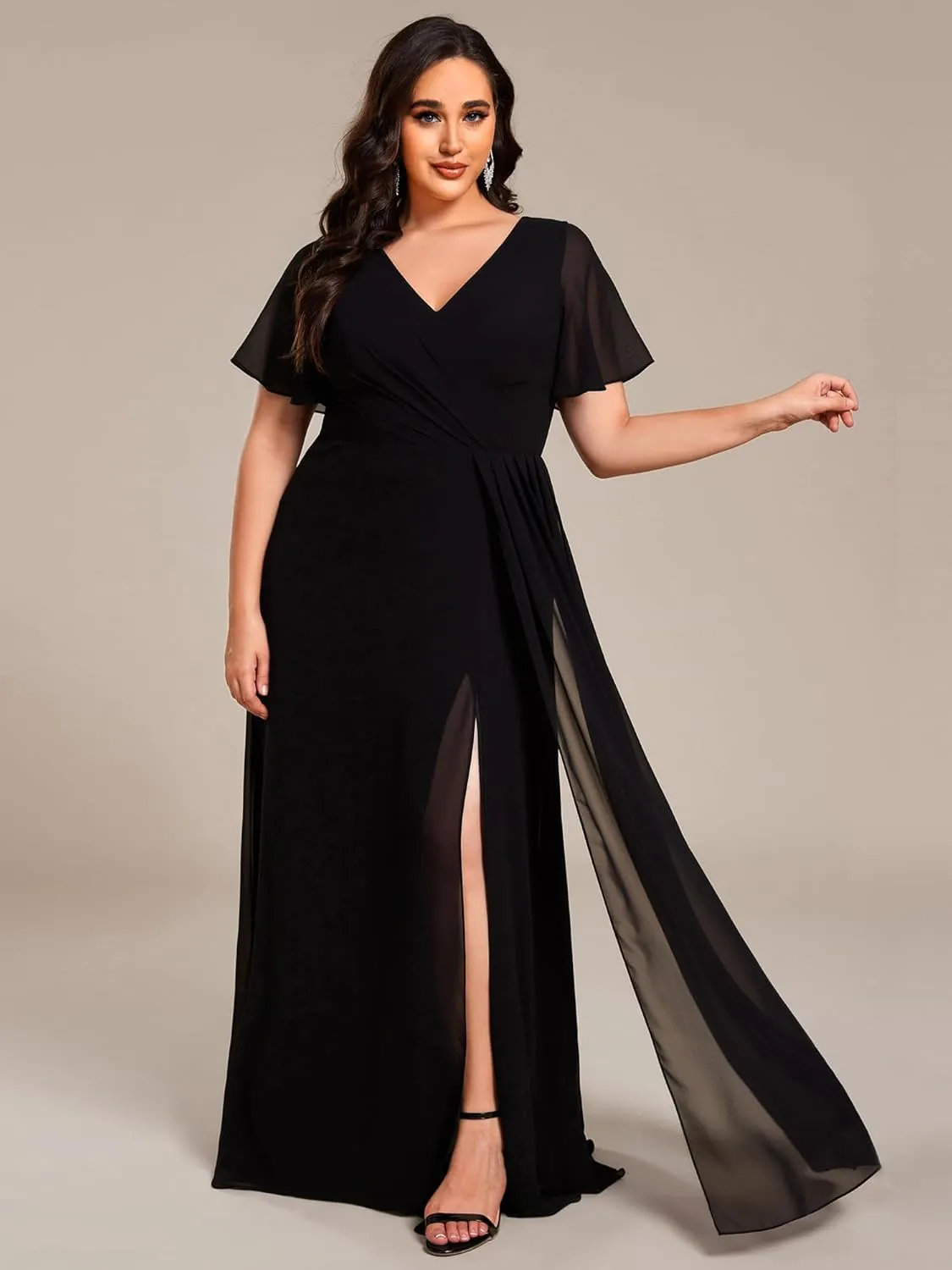Ever-Pretty Plus Women's V Neck Chiffon Ruched Ruffles Sleeves Side Slit Floor Length Plus Size Bridesmaid Dresses S0050-DA