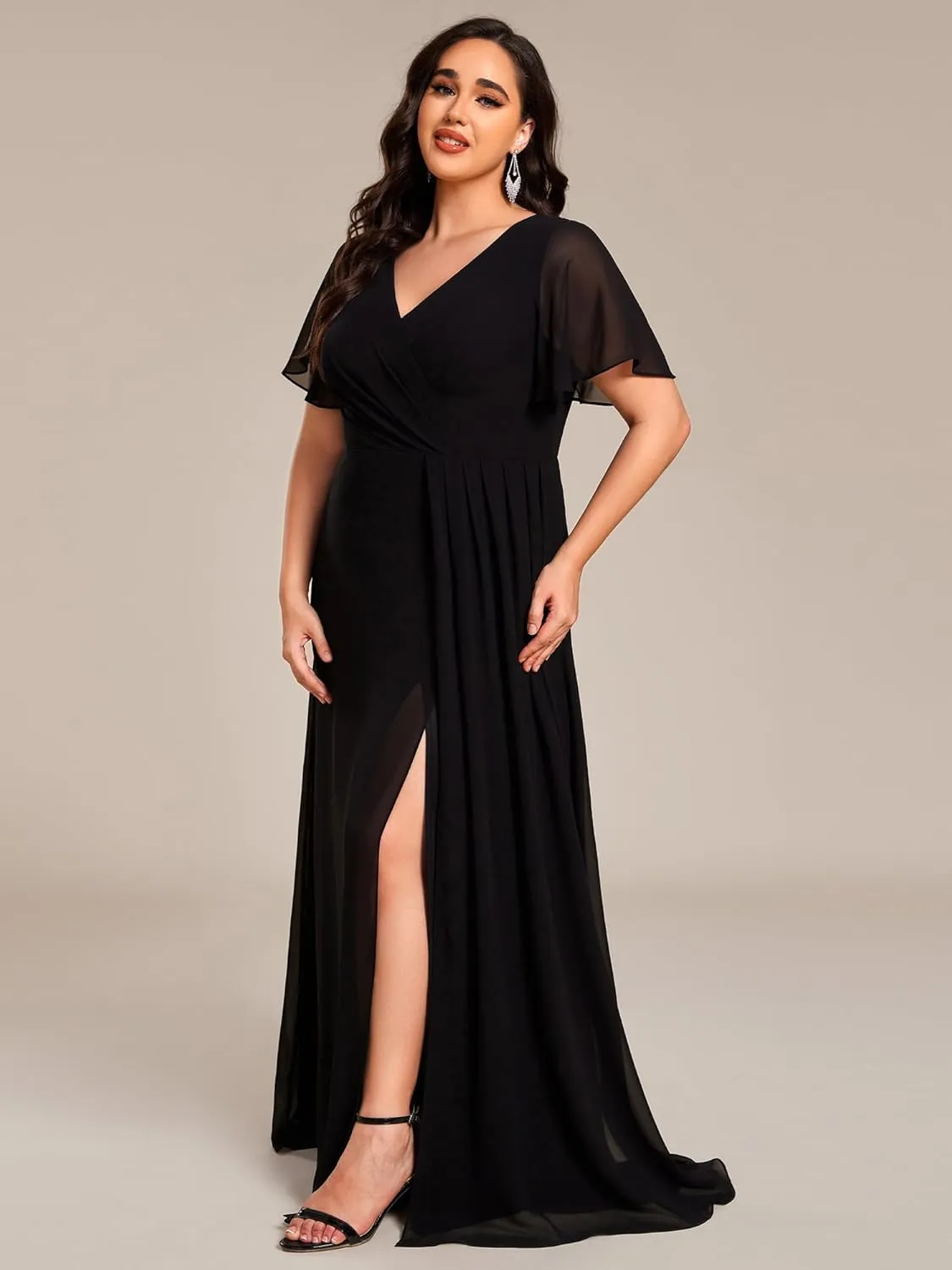 Ever-Pretty Plus Women's V Neck Chiffon Ruched Ruffles Sleeves Side Slit Floor Length Plus Size Bridesmaid Dresses S0050-DA