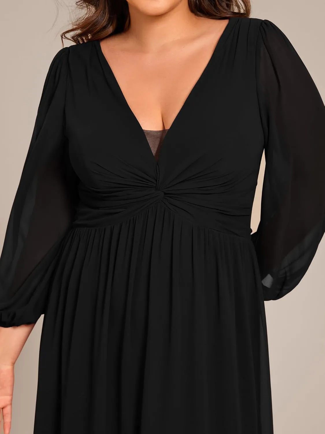 Ever-Pretty Plus Women's V Neck Long Sleeves A Line Pleated Chiffon Plus Size Maxi Formal Evening Dresses 02235-DA