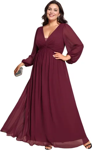 Ever-Pretty Plus Women's V Neck Long Sleeves A Line Pleated Chiffon Plus Size Maxi Formal Evening Dresses 02235-DA