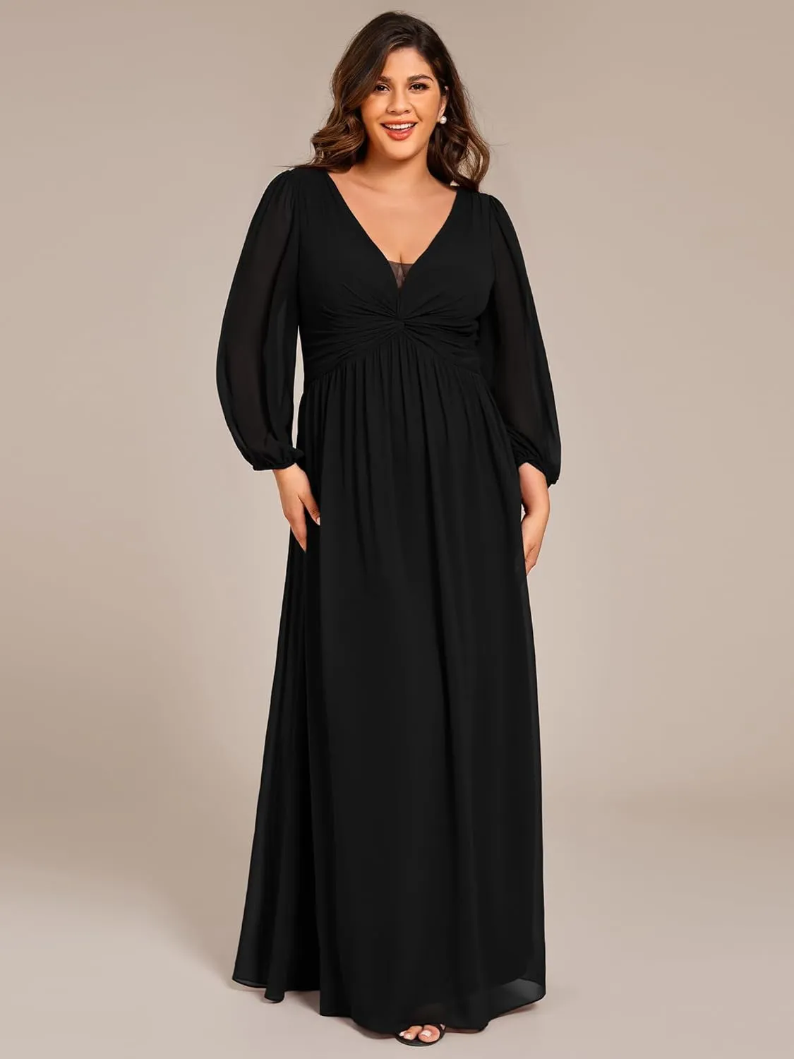 Ever-Pretty Plus Women's V Neck Long Sleeves A Line Pleated Chiffon Plus Size Maxi Formal Evening Dresses 02235-DA