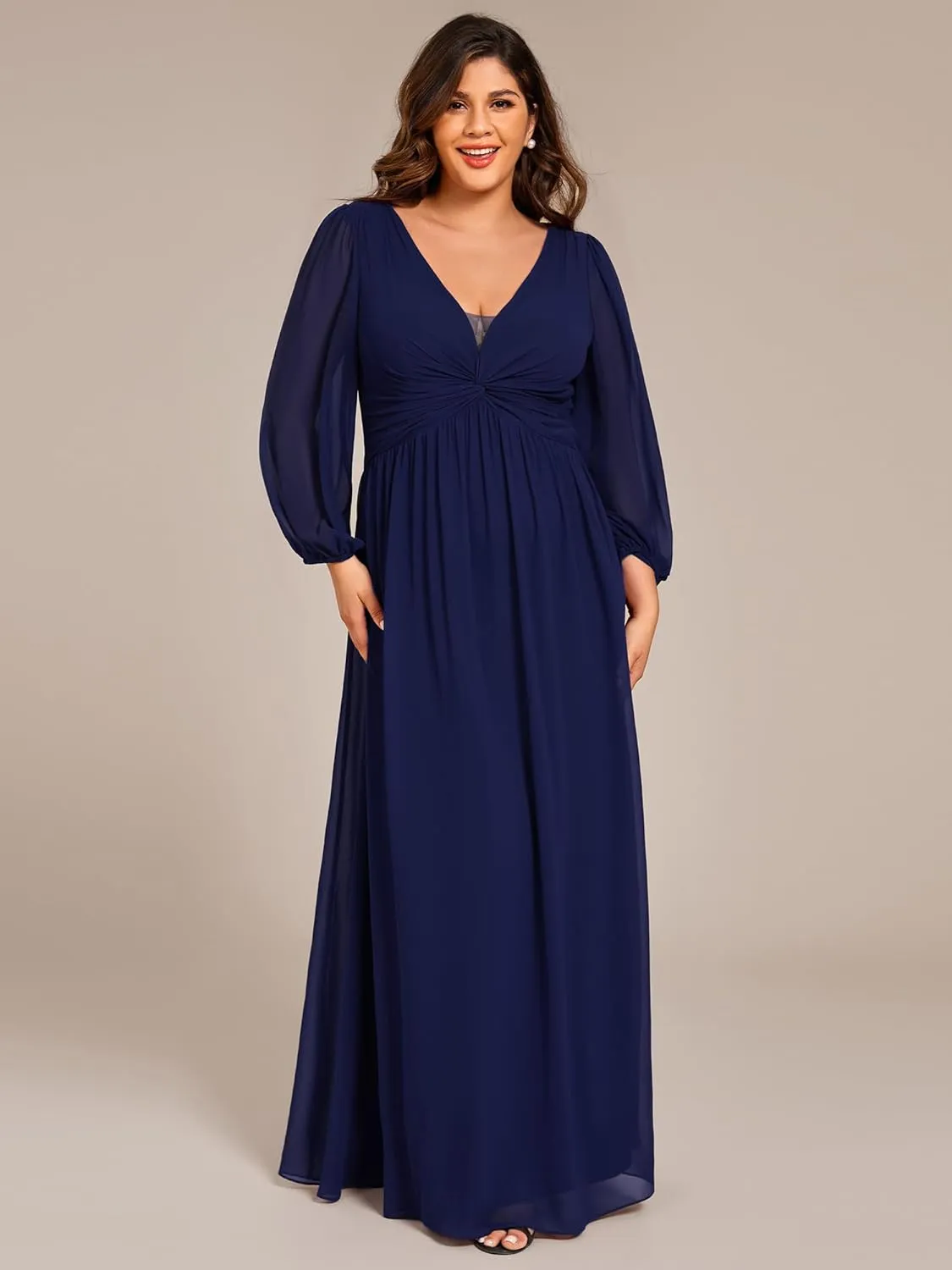 Ever-Pretty Plus Women's V Neck Long Sleeves A Line Pleated Chiffon Plus Size Maxi Formal Evening Dresses 02235-DA