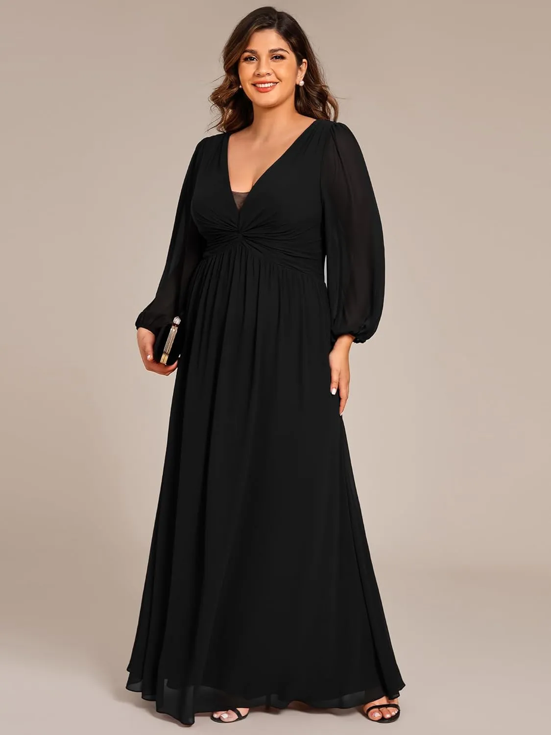 Ever-Pretty Plus Women's V Neck Long Sleeves A Line Pleated Chiffon Plus Size Maxi Formal Evening Dresses 02235-DA
