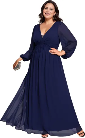 Ever-Pretty Plus Women's V Neck Long Sleeves A Line Pleated Chiffon Plus Size Maxi Formal Evening Dresses 02235-DA