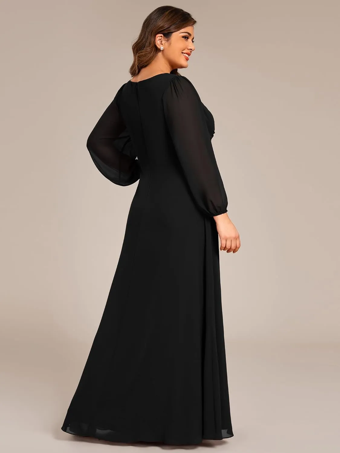 Ever-Pretty Plus Women's V Neck Long Sleeves A Line Pleated Chiffon Plus Size Maxi Formal Evening Dresses 02235-DA