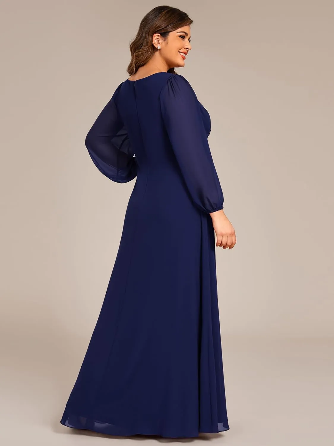 Ever-Pretty Plus Women's V Neck Long Sleeves A Line Pleated Chiffon Plus Size Maxi Formal Evening Dresses 02235-DA