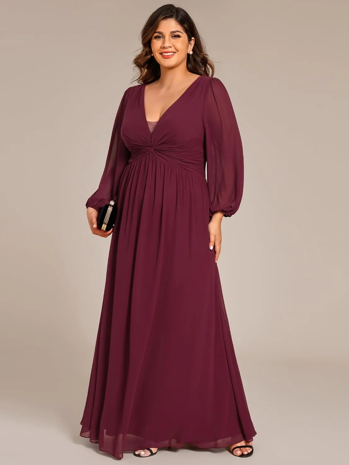 Ever-Pretty Plus Women's V Neck Long Sleeves A Line Pleated Chiffon Plus Size Maxi Formal Evening Dresses 02235-DA
