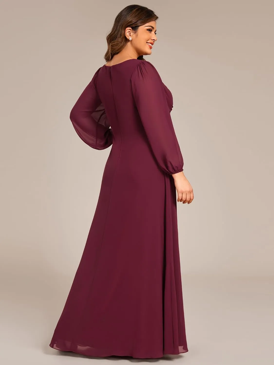 Ever-Pretty Plus Women's V Neck Long Sleeves A Line Pleated Chiffon Plus Size Maxi Formal Evening Dresses 02235-DA