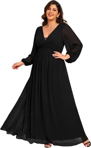 Ever-Pretty Plus Women's V Neck Long Sleeves A Line Pleated Chiffon Plus Size Maxi Formal Evening Dresses 02235-DA