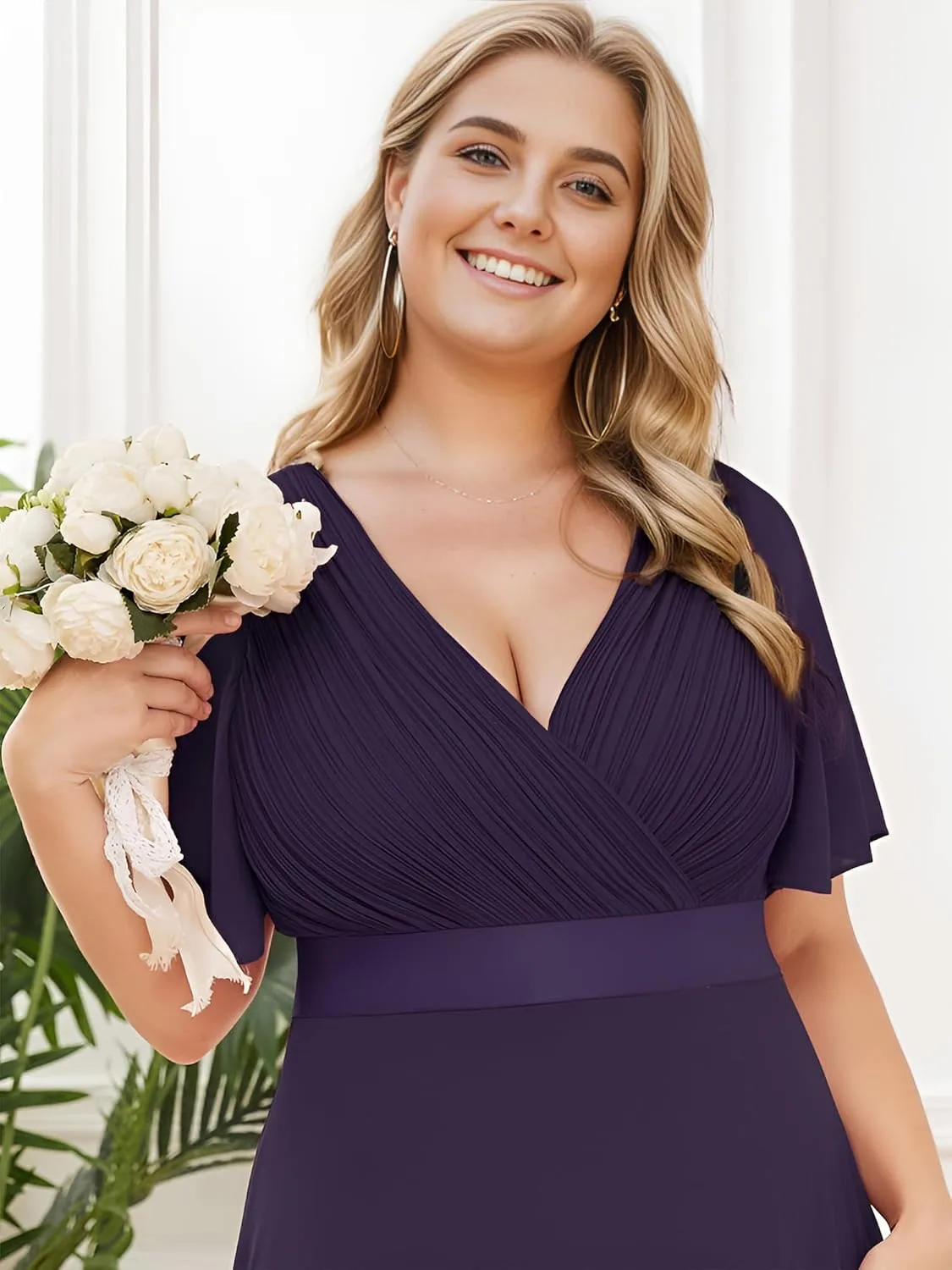 Ever-Pretty Plus Women's V Neck Mother of The Bride Dress Chiffon A Line Maxi Plus Size Evening Dress with Sleeves 09890-DAPH