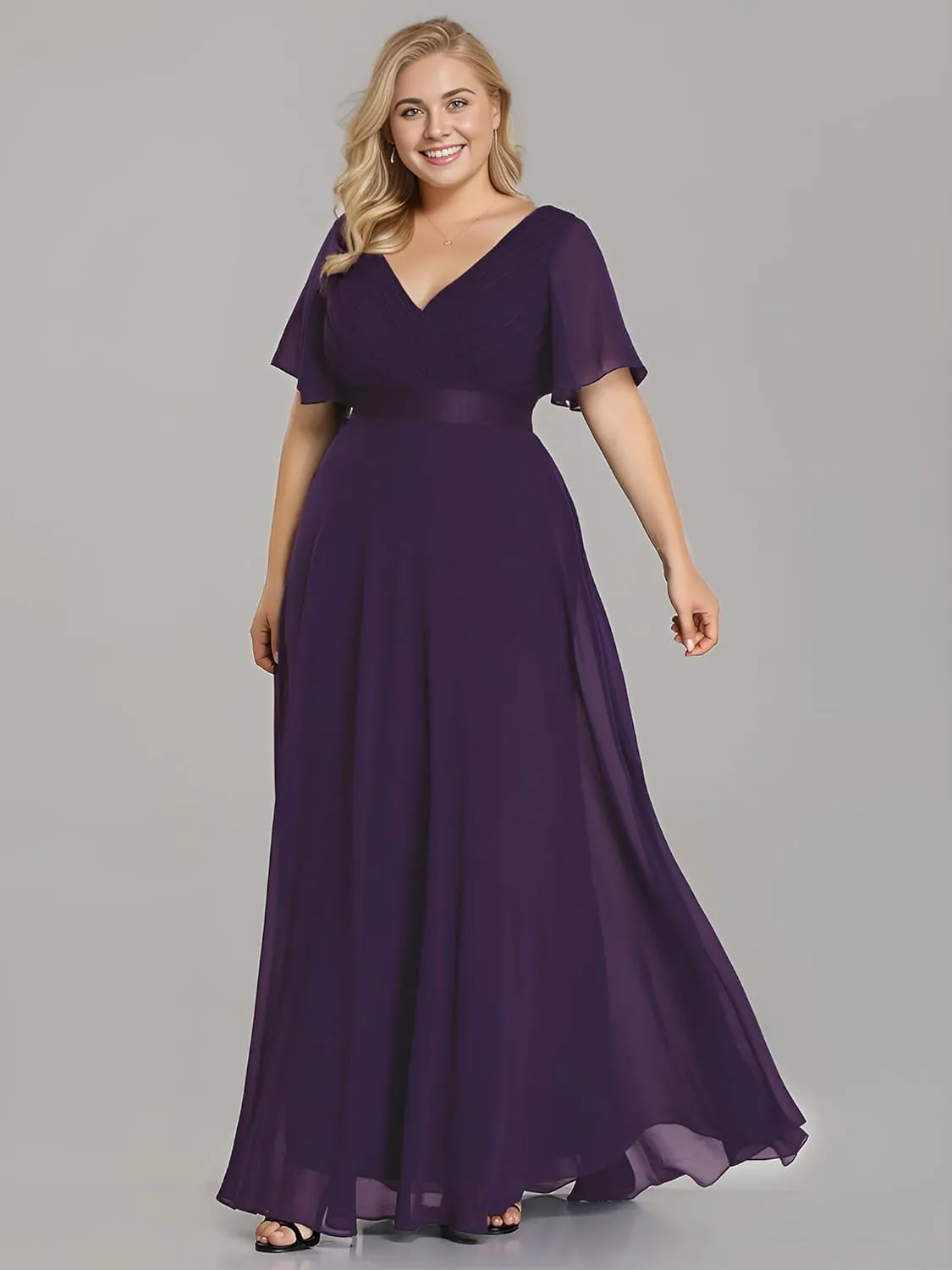 Ever-Pretty Plus Women's V Neck Mother of The Bride Dress Chiffon A Line Maxi Plus Size Evening Dress with Sleeves 09890-DAPH