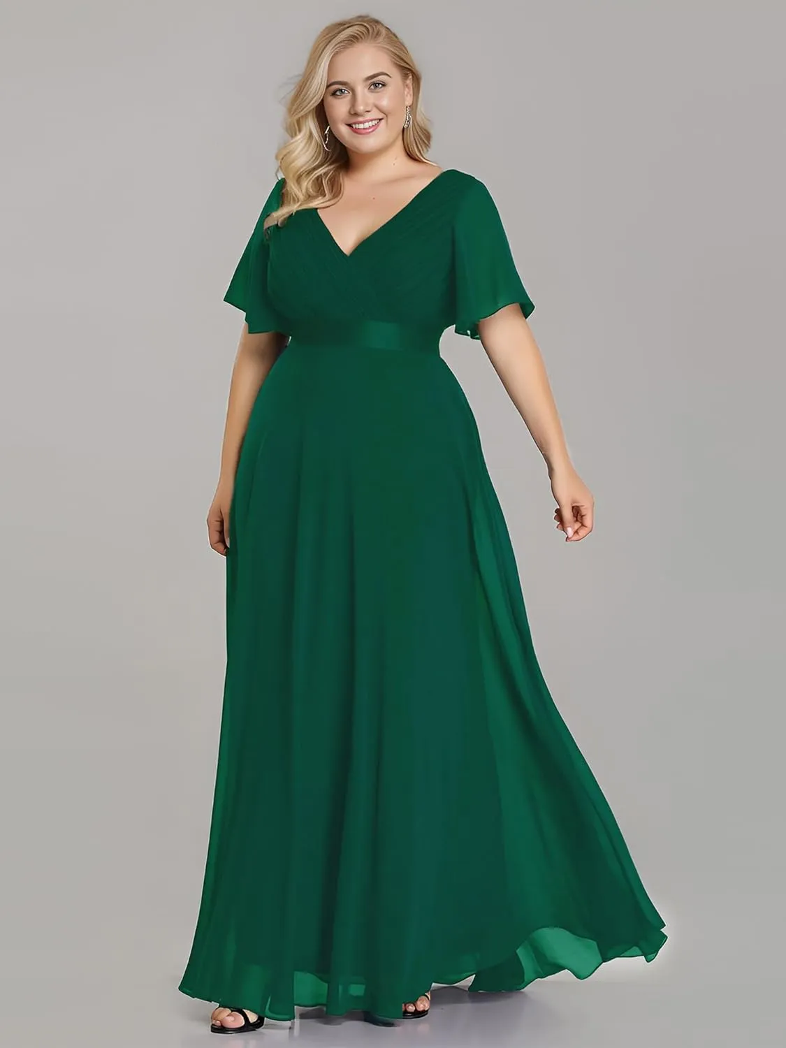 Ever-Pretty Plus Women's V Neck Mother of The Bride Dress Chiffon A Line Maxi Plus Size Evening Dress with Sleeves 09890-DAPH