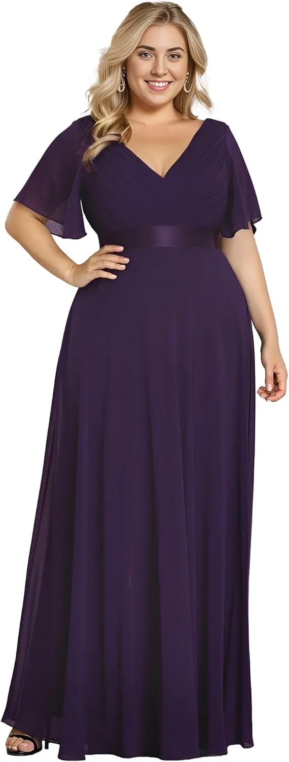 Ever-Pretty Plus Women's V Neck Mother of The Bride Dress Chiffon A Line Maxi Plus Size Evening Dress with Sleeves 09890-DAPH