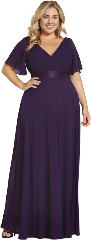 Ever-Pretty Plus Women's V Neck Mother of The Bride Dress Chiffon A Line Maxi Plus Size Evening Dress with Sleeves 09890-DAPH