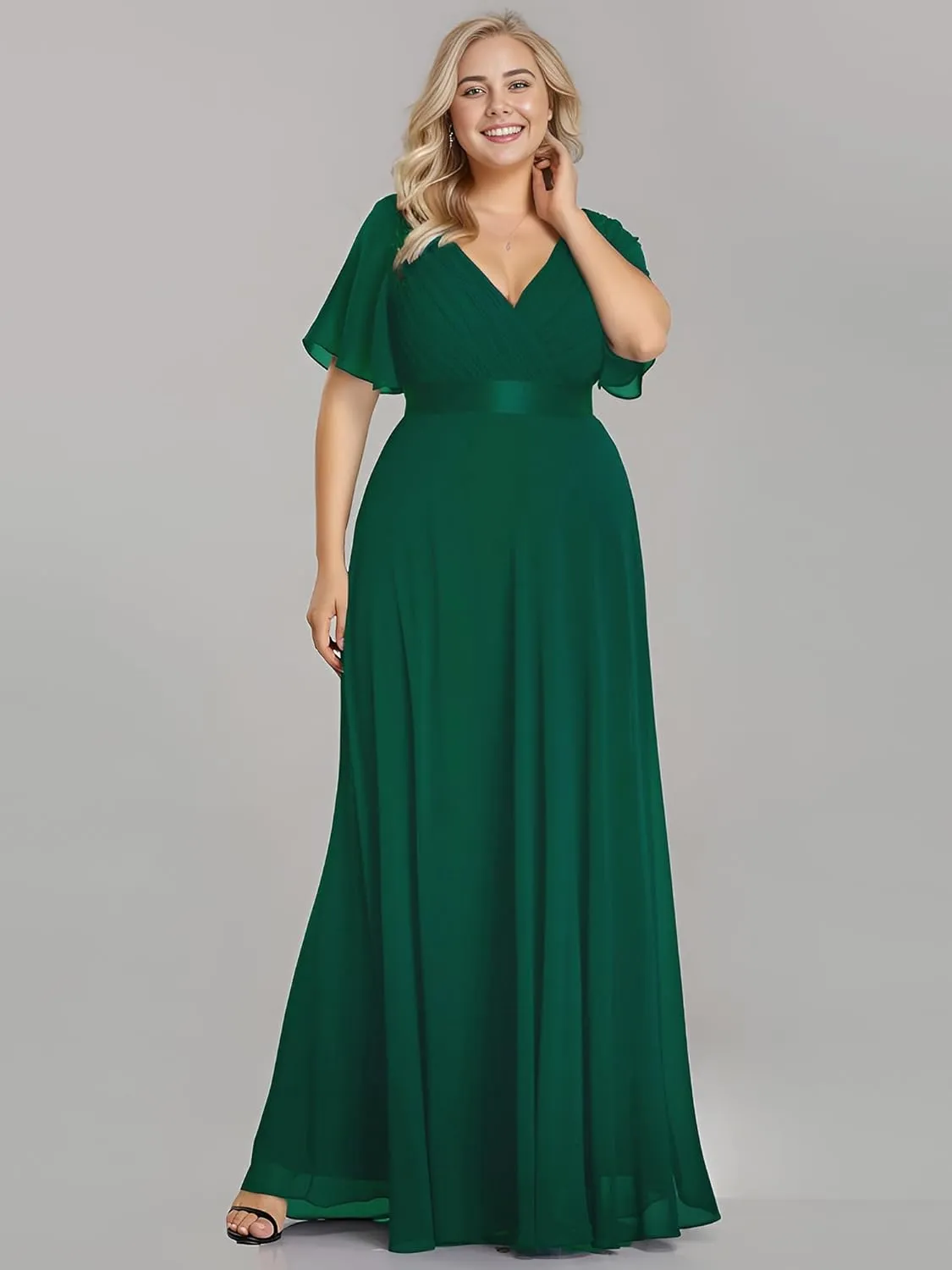 Ever-Pretty Plus Women's V Neck Mother of The Bride Dress Chiffon A Line Maxi Plus Size Evening Dress with Sleeves 09890-DAPH