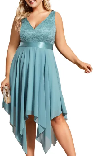 Ever-Pretty V Neck Chiffon Lace Asymmetric Knee Length Summer Plus Size Cocktail Dresses for Curvy Women