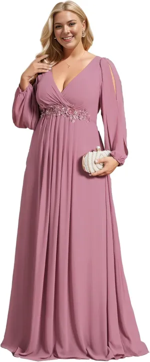 Ever-Pretty V Neck Long Sleeves Applique Chiffon Plus Size Floor Length Formal Evening Dresses for Curvy Women 00461-DA