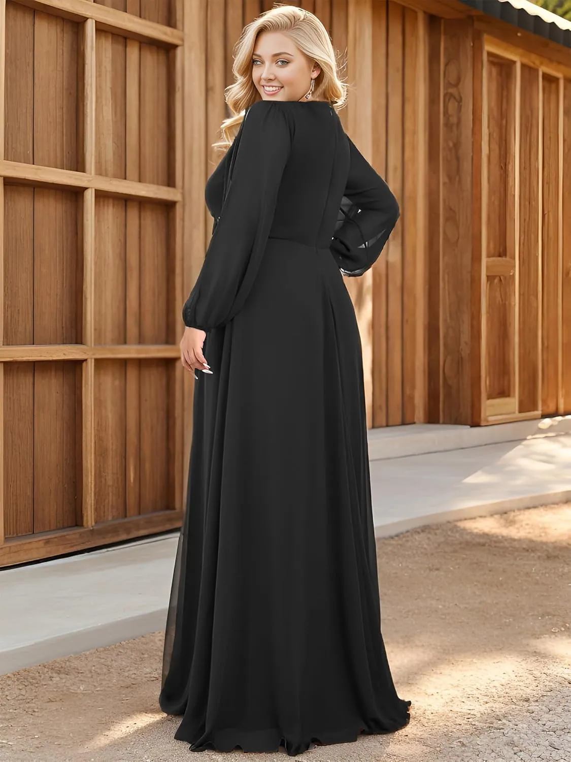Ever-Pretty V Neck Long Sleeves Applique Chiffon Plus Size Floor Length Formal Evening Dresses for Curvy Women 00461-DA