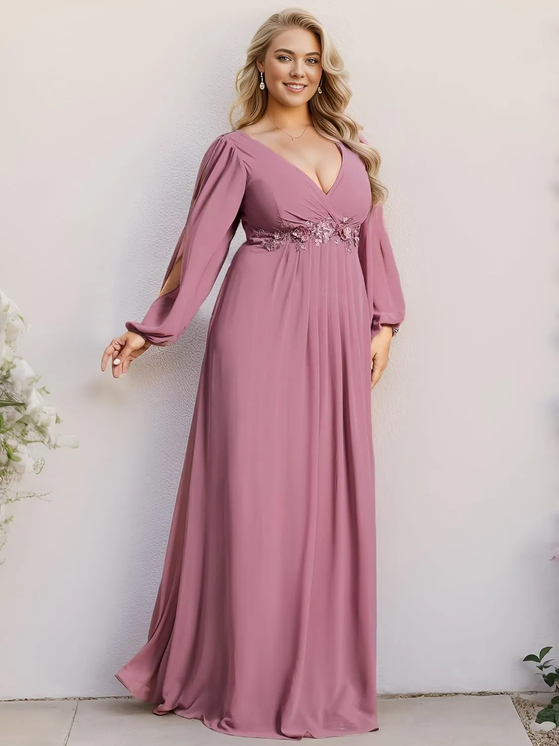 Ever-Pretty V Neck Long Sleeves Applique Chiffon Plus Size Floor Length Formal Evening Dresses for Curvy Women 00461-DA