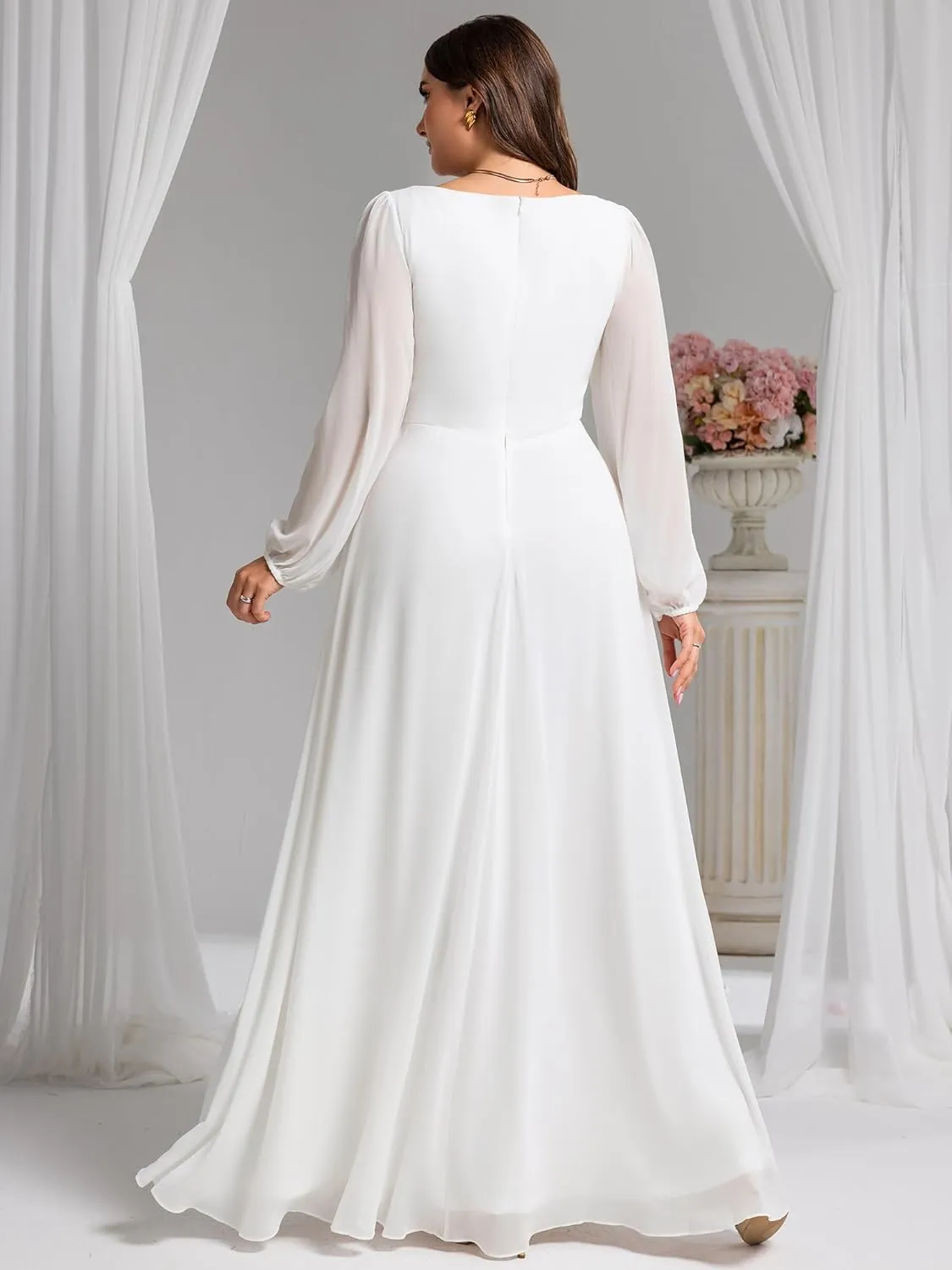 Ever-Pretty V Neck Long Sleeves Applique Chiffon Plus Size Floor Length Formal Evening Dresses for Curvy Women 00461-DA