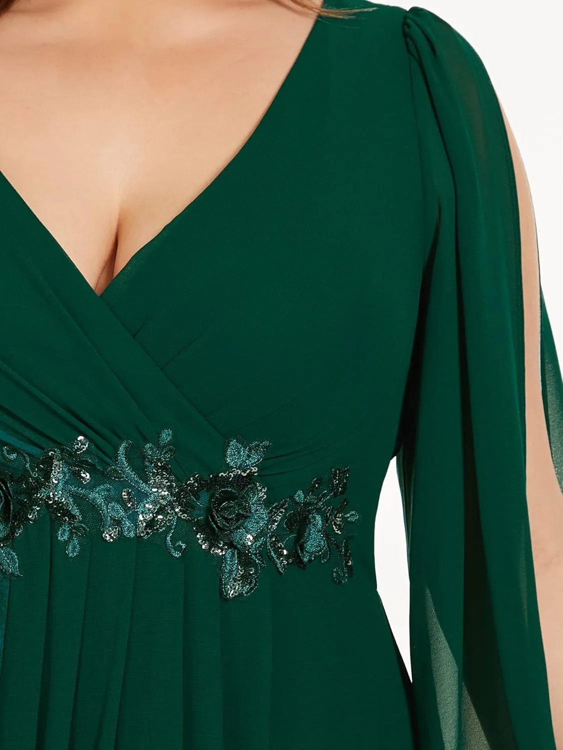 Ever-Pretty V Neck Long Sleeves Applique Chiffon Plus Size Floor Length Formal Evening Dresses for Curvy Women 00461-DA