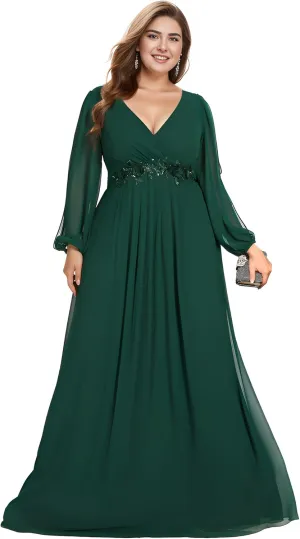 Ever-Pretty V Neck Long Sleeves Applique Chiffon Plus Size Floor Length Formal Evening Dresses for Curvy Women 00461-DA