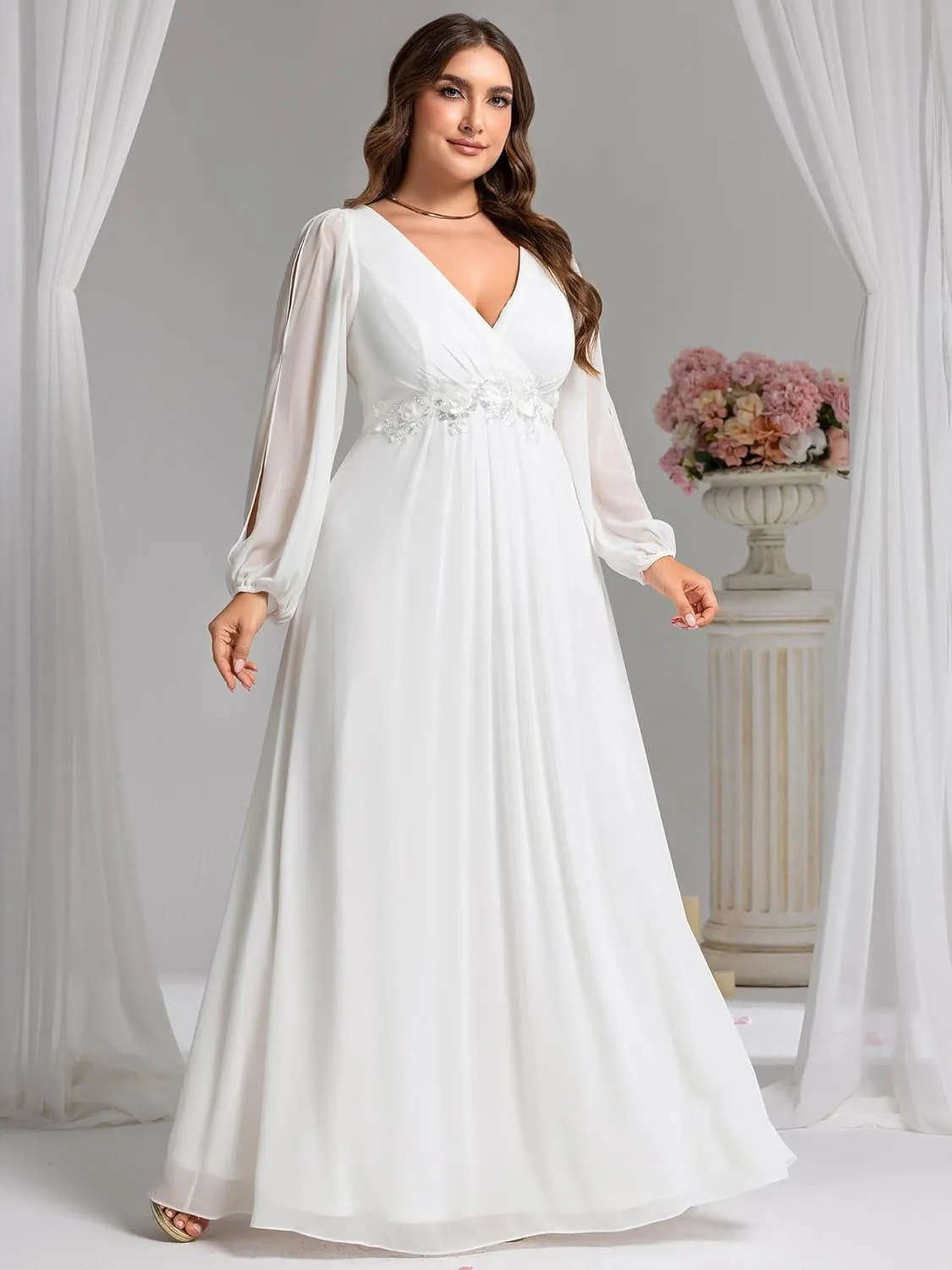 Ever-Pretty V Neck Long Sleeves Applique Chiffon Plus Size Floor Length Formal Evening Dresses for Curvy Women 00461-DA