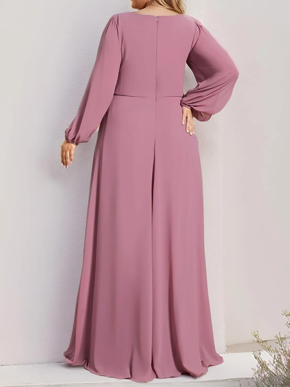 Ever-Pretty V Neck Long Sleeves Applique Chiffon Plus Size Floor Length Formal Evening Dresses for Curvy Women 00461-DA