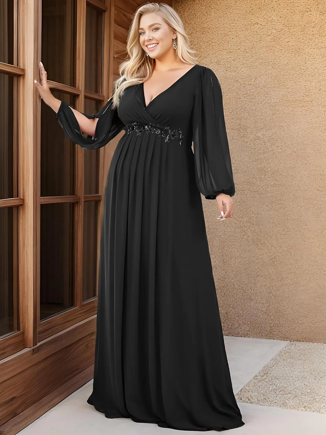 Ever-Pretty V Neck Long Sleeves Applique Chiffon Plus Size Floor Length Formal Evening Dresses for Curvy Women 00461-DA