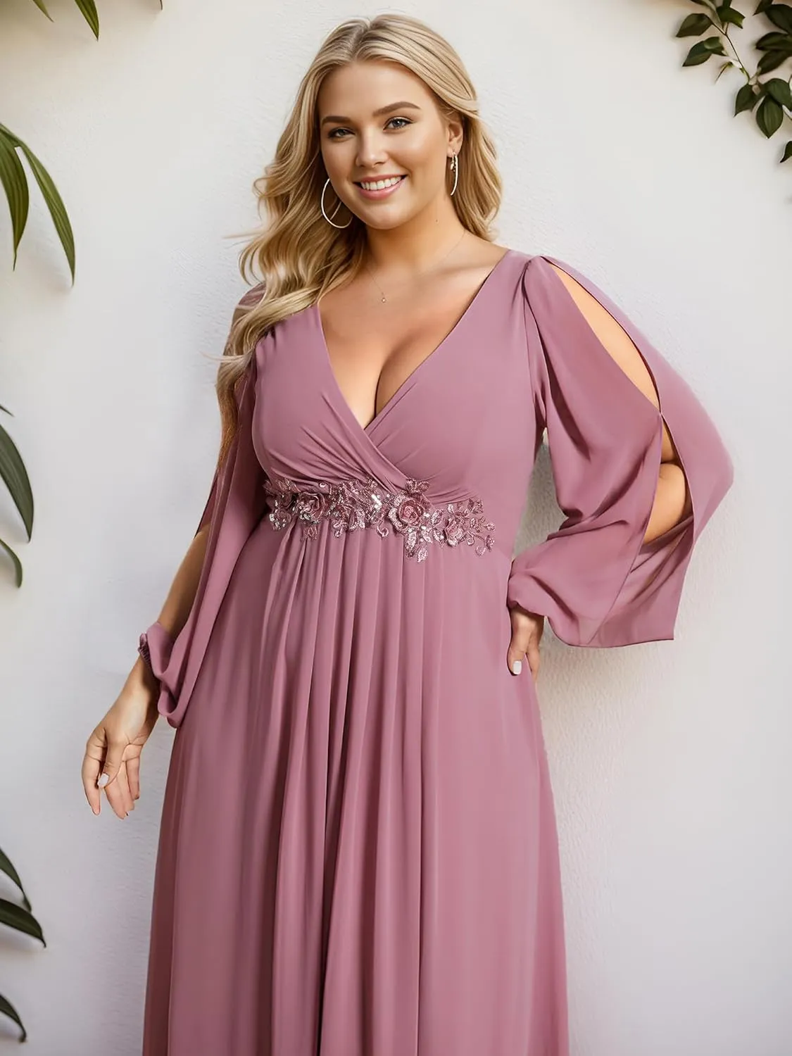Ever-Pretty V Neck Long Sleeves Applique Chiffon Plus Size Floor Length Formal Evening Dresses for Curvy Women 00461-DA