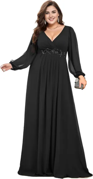 Ever-Pretty V Neck Long Sleeves Applique Chiffon Plus Size Floor Length Formal Evening Dresses for Curvy Women 00461-DA