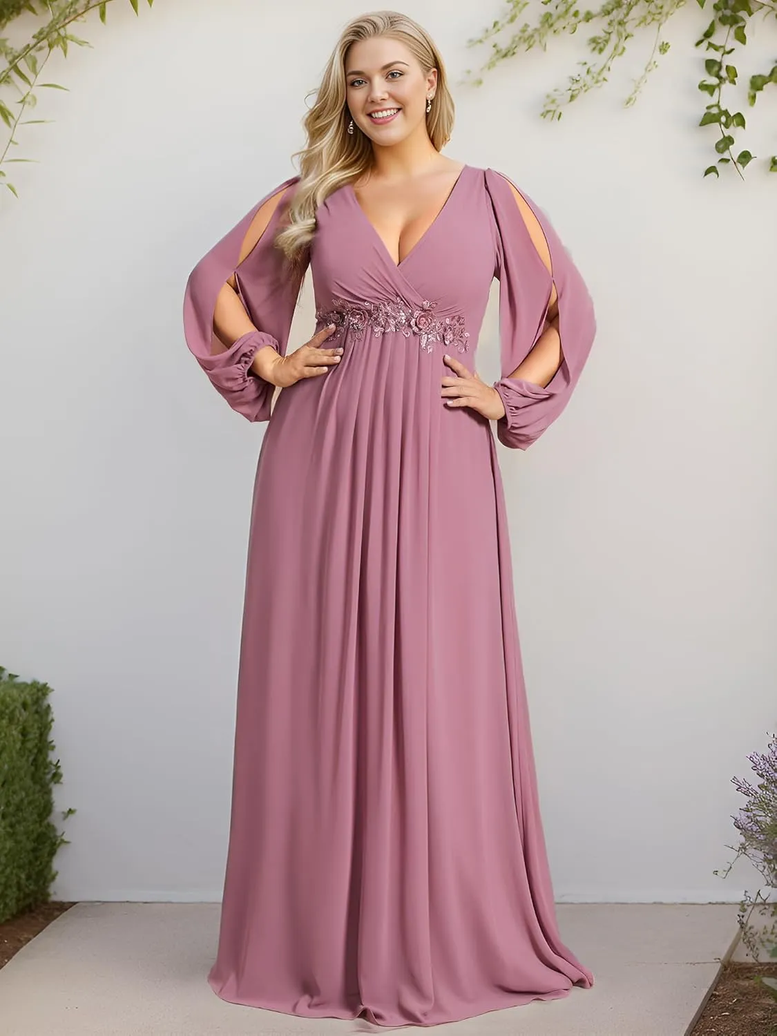 Ever-Pretty V Neck Long Sleeves Applique Chiffon Plus Size Floor Length Formal Evening Dresses for Curvy Women 00461-DA