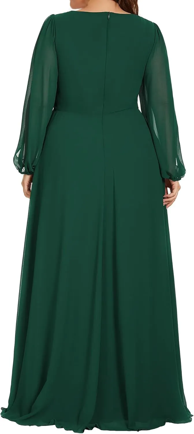 Ever-Pretty V Neck Long Sleeves Applique Chiffon Plus Size Floor Length Formal Evening Dresses for Curvy Women 00461-DA