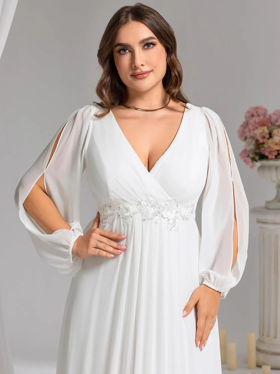Ever-Pretty V Neck Long Sleeves Applique Chiffon Plus Size Floor Length Formal Evening Dresses for Curvy Women 00461-DA