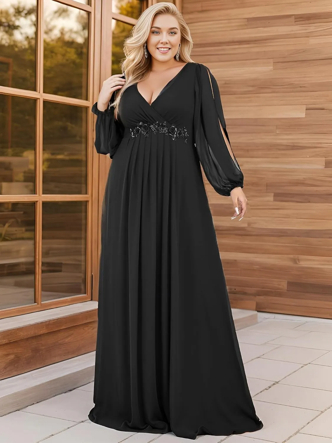 Ever-Pretty V Neck Long Sleeves Applique Chiffon Plus Size Floor Length Formal Evening Dresses for Curvy Women 00461-DA