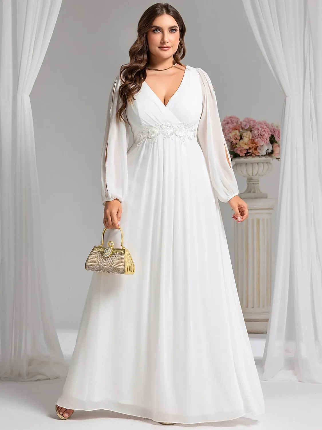 Ever-Pretty V Neck Long Sleeves Applique Chiffon Plus Size Floor Length Formal Evening Dresses for Curvy Women 00461-DA