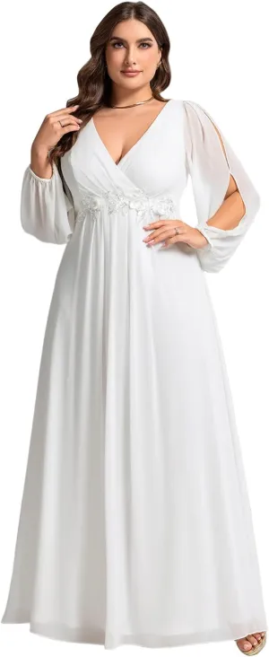 Ever-Pretty V Neck Long Sleeves Applique Chiffon Plus Size Floor Length Formal Evening Dresses for Curvy Women 00461-DA