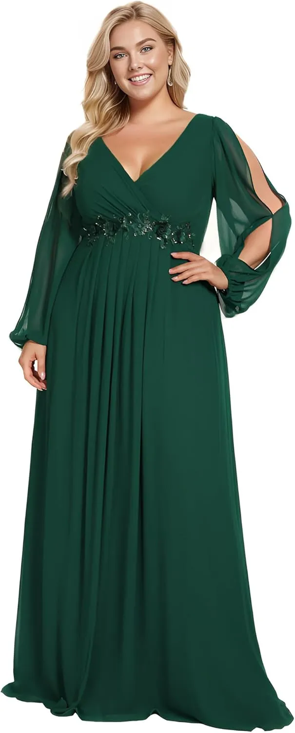 Ever-Pretty V Neck Long Sleeves Applique Chiffon Plus Size Floor Length Formal Evening Dresses for Curvy Women 00461-DA