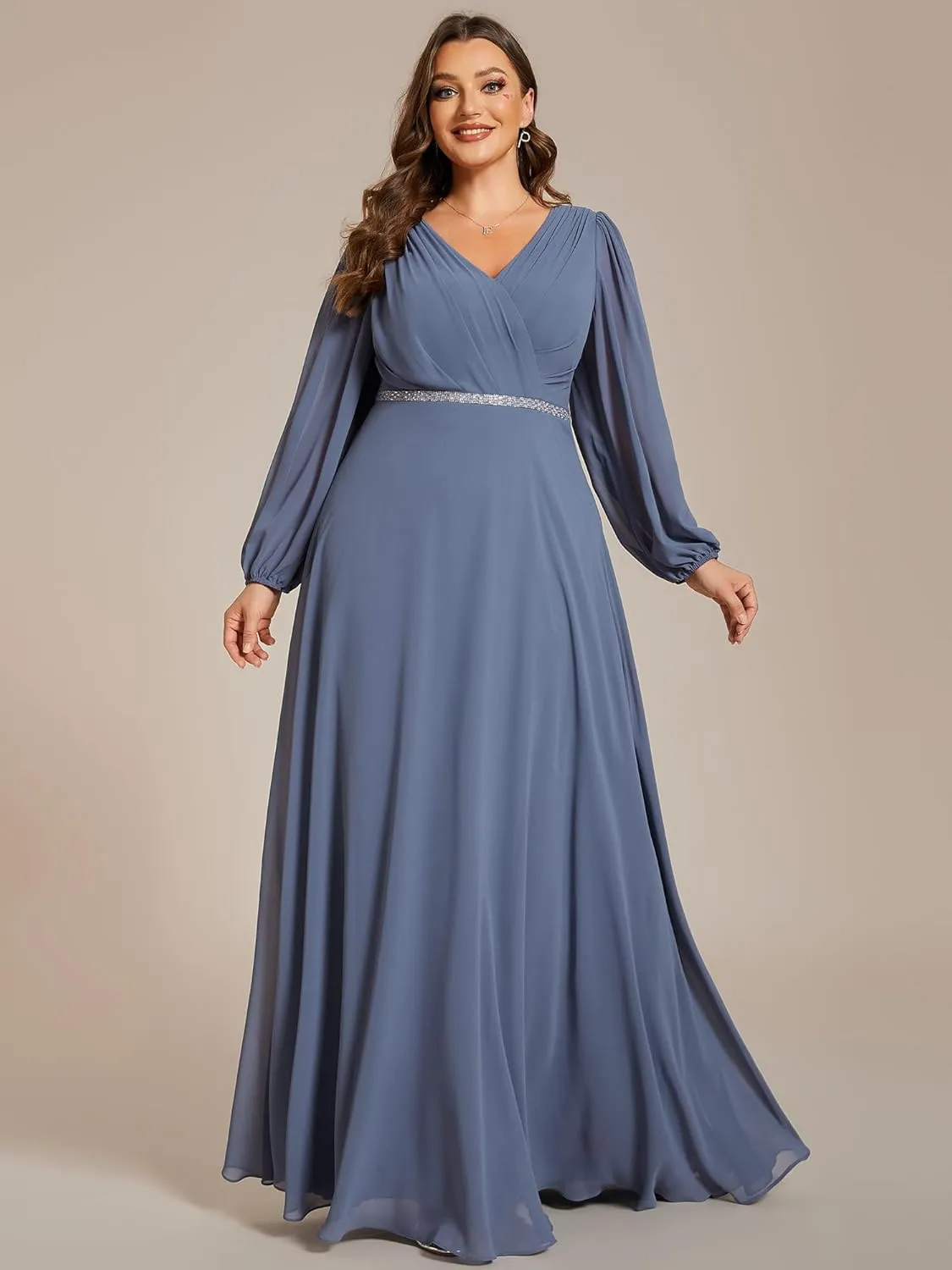Ever-Pretty Women's Beads Waist Long Sleeves V Neck Plus Size Formal Evening Dresses 01981-DA