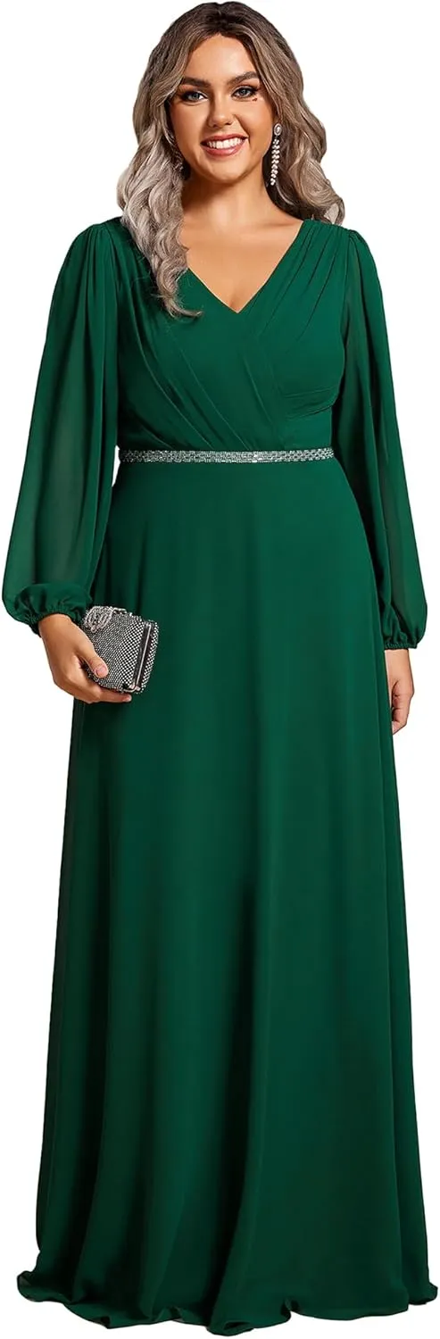 Ever-Pretty Women's Beads Waist Long Sleeves V Neck Plus Size Formal Evening Dresses 01981-DA