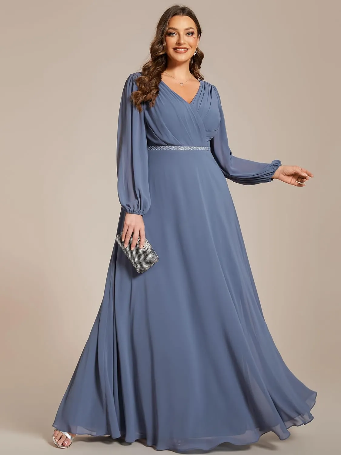 Ever-Pretty Women's Beads Waist Long Sleeves V Neck Plus Size Formal Evening Dresses 01981-DA