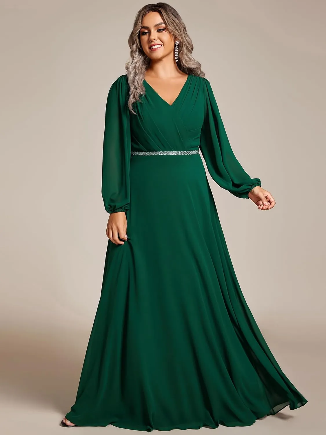 Ever-Pretty Women's Beads Waist Long Sleeves V Neck Plus Size Formal Evening Dresses 01981-DA