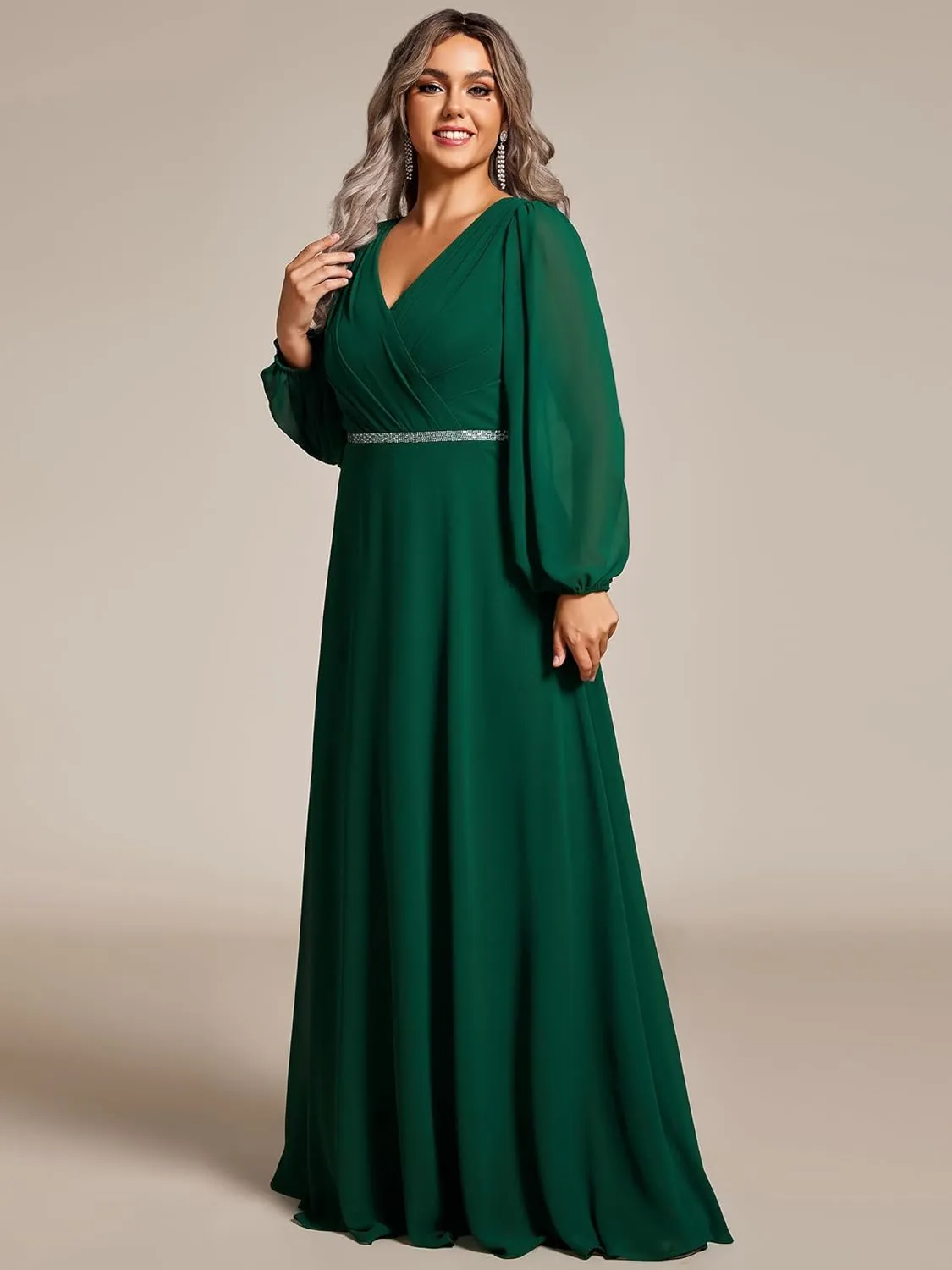 Ever-Pretty Women's Beads Waist Long Sleeves V Neck Plus Size Formal Evening Dresses 01981-DA