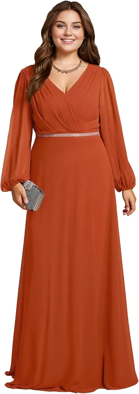 Ever-Pretty Women's Beads Waist Long Sleeves V Neck Plus Size Formal Evening Dresses 01981-DA