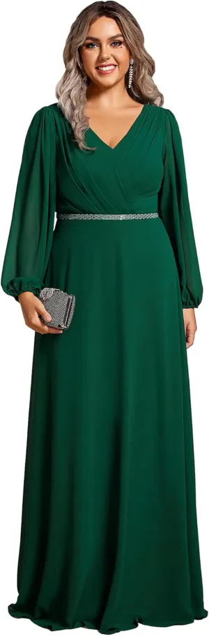 Ever-Pretty Women's Beads Waist Long Sleeves V Neck Plus Size Formal Evening Dresses 01981-DA