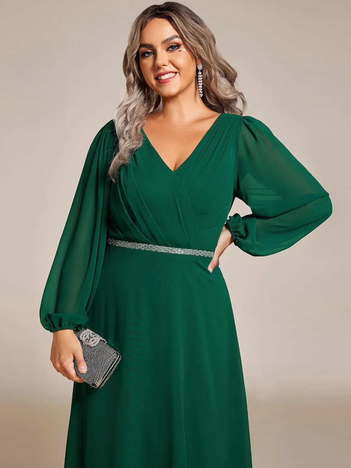Ever-Pretty Women's Beads Waist Long Sleeves V Neck Plus Size Formal Evening Dresses 01981-DA