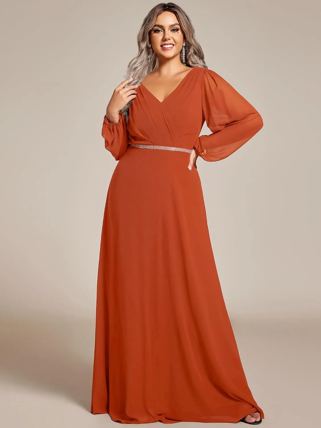 Ever-Pretty Women's Beads Waist Long Sleeves V Neck Plus Size Formal Evening Dresses 01981-DA
