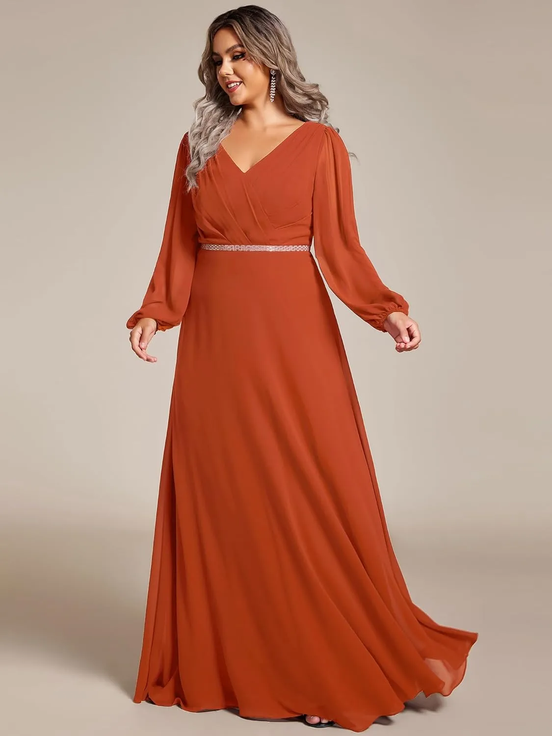 Ever-Pretty Women's Beads Waist Long Sleeves V Neck Plus Size Formal Evening Dresses 01981-DA