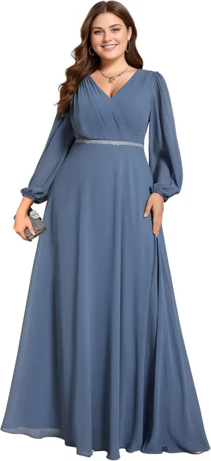 Ever-Pretty Women's Beads Waist Long Sleeves V Neck Plus Size Formal Evening Dresses 01981-DA